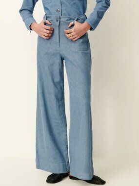Sessun Manhatti Wide Leg Chambray Linen Blend Jeans Provencial Blue Size 36